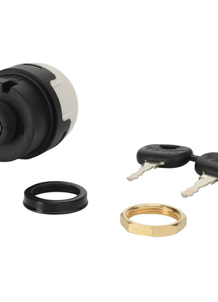 The AGCO | IGNITION SWITCH - D44900841 is a black ignition switch featuring a keyhole labeled "P," and comes with two identical keys, a sleek black rubber ring, and a sturdy brass nut.