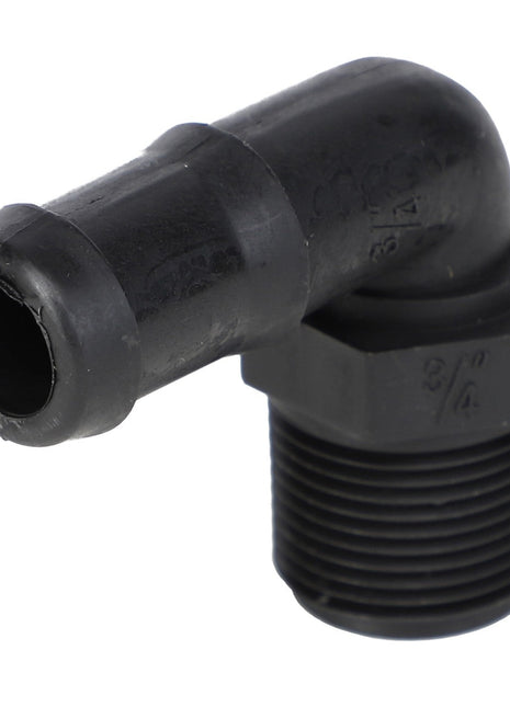 Introducing the AGCO | Elbow Fitting - Ag051142: A black, 90-degree elbow pipe fitting from AGCO featuring a threaded end on one side and a smooth end on the other.
