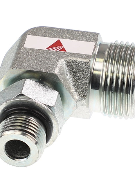 The AGCO | ELBOW FITTING - CH148-8359 is a metallic elbow pipe fitting with threaded ends and an angular design, featuring an intricate emblem on the top side.
