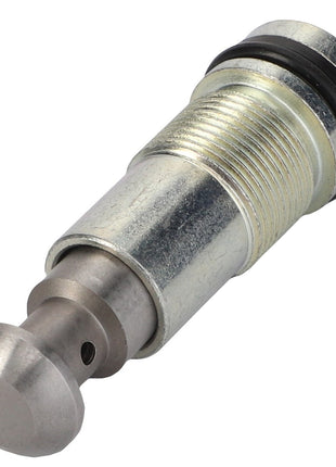 Close-up of the AGCO | VALVE - AL10570069 metallic hydraulic cylinder pin, featuring a threaded shaft and two O-rings. Currently, no product description information is available for this item.
