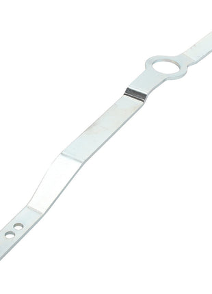 The AGCO Lever - Acp0335810 by AGCO is a metal tool with both straight and angled designs, featuring two holes at one end and a circular opening near the middle, used for specific mechanical or technical tasks.