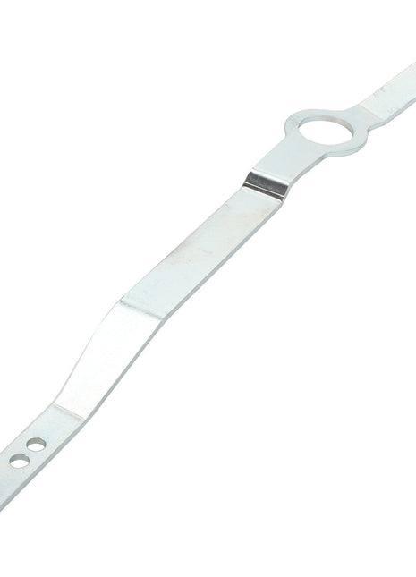 The AGCO Lever - Acp0335810 by AGCO is a metal tool with both straight and angled designs, featuring two holes at one end and a circular opening near the middle, used for specific mechanical or technical tasks.