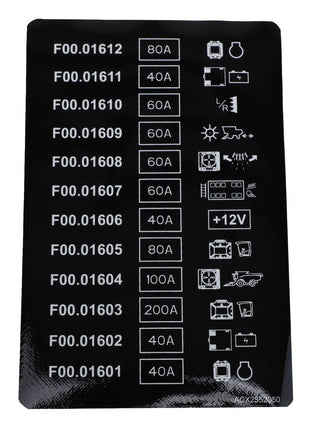 AGCO's Decal - Acx2552050 includes a label indicating various fuse ratings and corresponding symbols, such as 40A, 60A, 80A, and 100A, for different electrical components. No information available on additional specifications.