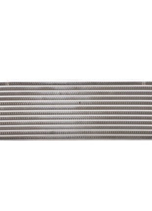 The AGCO | Oil Cooler, Oil To Air Type - Acw1327000 is a silver automotive radiator featuring multiple horizontal fins, two connector ports on either side, mounting brackets at each corner, and is designed to ensure accurate lubrication by maintaining optimal oil temperature.