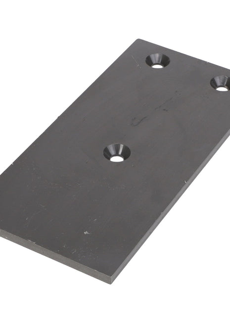 The AGCO Wear Plate - Acx2478220 is a rectangular metal plate that features three countersunk holes arranged in a triangular pattern.