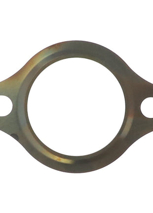 The AGCO Gasket - Acp0358870 is a durable, metallic exhaust flange gasket that features two bolt holes flanking a circular opening.