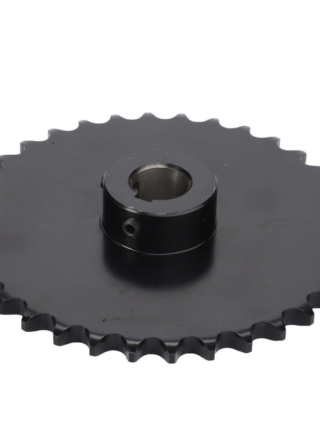 The AGCO Sprocket, Cutting Header Auger - D28281338, features a black metal design with a central mounting hole and teeth around its perimeter, engineered for optimal performance in machinery by transmitting rotary motion.