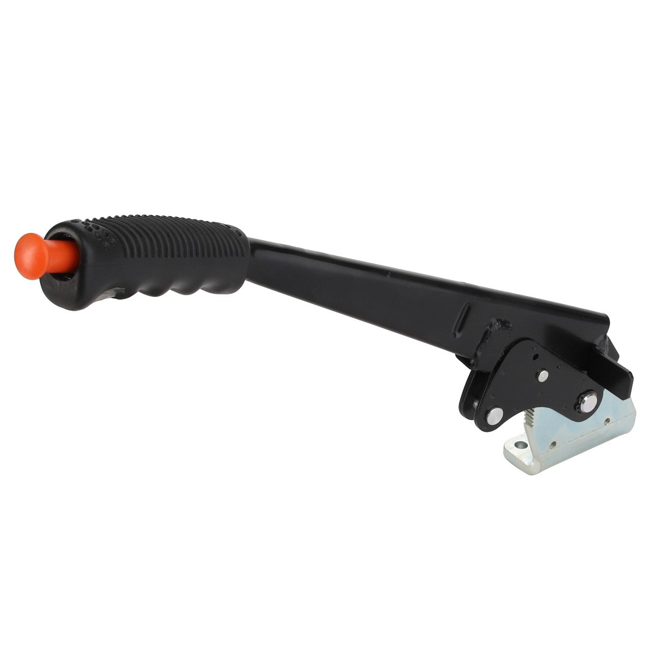 AGCO's Hand Brake - Acp0437240 features a black automotive handbrake lever with a textured grip and an orange button at the end, all securely mounted on a sturdy metal bracket.