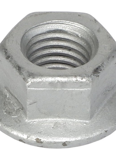 A close-up of the AGCO | Hex Flange Top Lock Nut - Acw1027160, featuring a silver hexagonal shape with a flanged base and threaded interior. No current product description information is available.