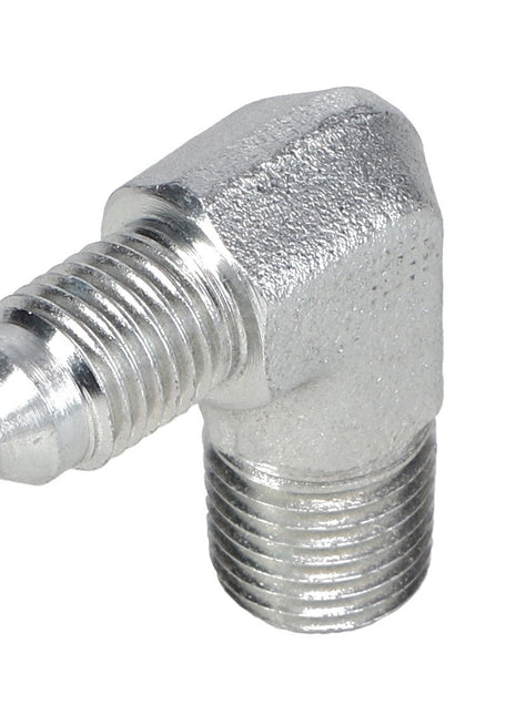 The AGCO | ELBOW FITTING - AG553522 is an angled metal pipe fitting with threaded ends, designed for connecting two pipes in plumbing or hydraulic systems.