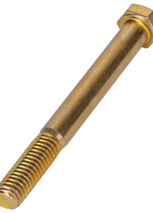 A close-up of the AGCO | HEXAGONAL HEAD BOLT - AG560456 features a gold-colored hex head with a threaded end and a smooth shank.
