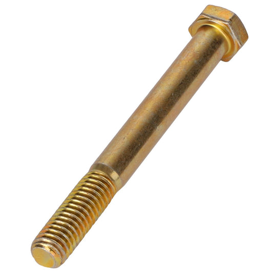 A close-up of the AGCO | HEXAGONAL HEAD BOLT - AG560456 features a gold-colored hex head with a threaded end and a smooth shank.