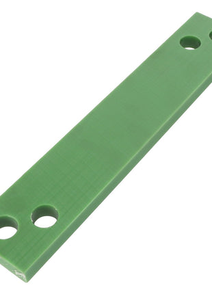 A green rectangular AGCO PLATE - AL1215230, made of plastic, featuring three evenly spaced holes near one end and an additional hole near the other end.
