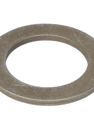 A FLAT WASHER - K4827 by AGCO, featuring a central hole, viewed at an angle against a pristine white background.