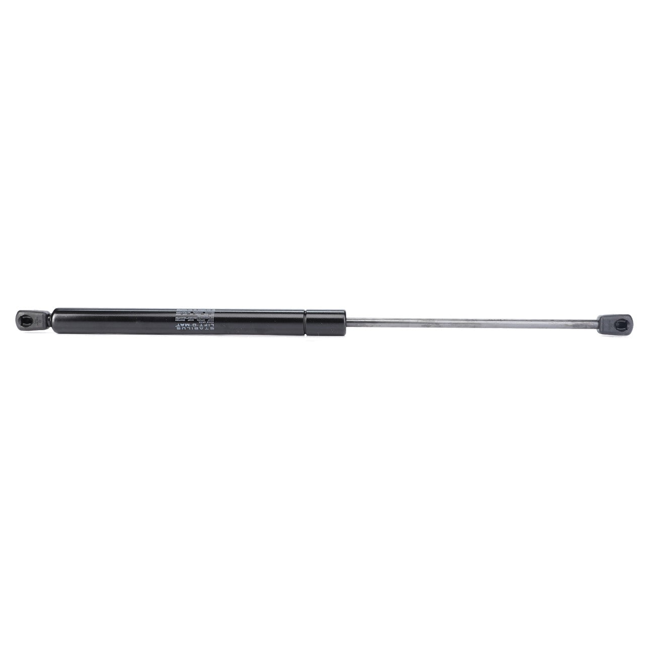 The AGCO Genuine Gas Strut, Window - H931812051100 is a black gas spring featuring a metal rod and attachment points on both ends, ideal for lifting or supporting heavy objects. Isolated on a white background, this strut is engineered by AGCO to ensure prolonged service life and reliable performance.