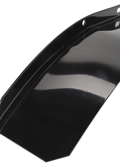 The AGCO | LEFT HAND DEFLECTOR - D49060071 is a black metal piece with a curved shape, featuring mounting holes on one side. This component is likely intended for use in machinery or vehicles.