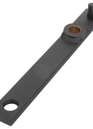 The AGCO | LEVER - D28784190, by AGCO, is a long, flat, rectangular metal bracket featuring a round hole on one end and a cylindrical pin with an additional hole and bearing hole on the other. No current product description information is available.