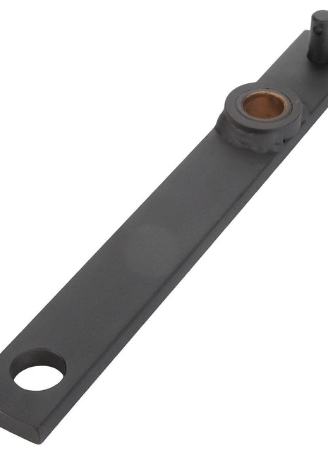 The AGCO | LEVER - D28784190, by AGCO, is a long, flat, rectangular metal bracket featuring a round hole on one end and a cylindrical pin with an additional hole and bearing hole on the other. No current product description information is available.