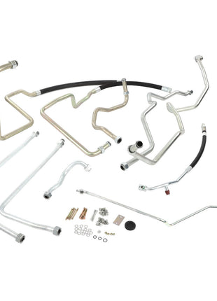 AGCO's Kit, Cooling - Acp0299220, consisting of assorted metal and rubber automotive tubing and fittings, is arranged on a white background. The kit features various connectors, bolts, screws, and precision-engineered components.