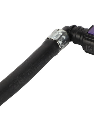 No current product description available for the AGCO | Hose - Acw0115250, a black rubber hose with a metal clamp and a black plastic connector on one end.