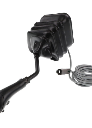 A AGCO | LEVER - AL5021964, a black gear shift lever with a flexible rubber boot and a coiled cable, culminating in a plug connector.