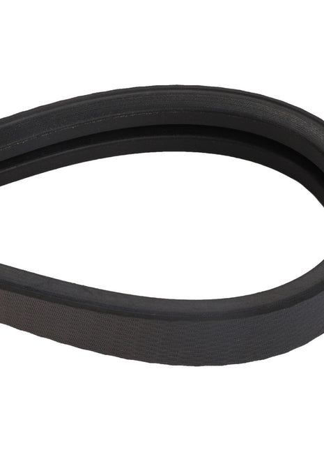 Close-up image of the AGCO | BELT - D41992200, a durable black rubber V-belt widely used in machinery for efficient power transmission. The belt, branded by AGCO, is bent in a loop, showcasing its intricately grooved inner surface designed for optimal grip and performance.