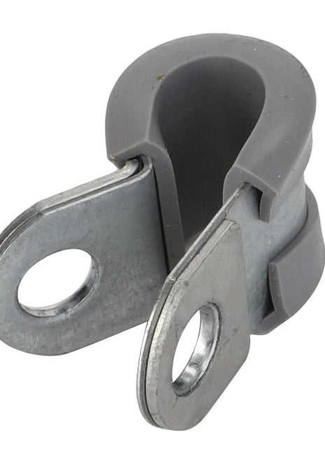 The AGCO PIPE CLAMP - F934201210680 is a metal and rubber clamp with two holes for mounting, designed specifically for securing cables or hoses. No current product description information is available.