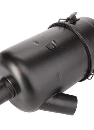 The AGCO Oil Bath Filter - Acp0316730 is a black cylindrical machinery part featuring two pipe extensions and latch mechanisms on the top, providing essential functionality.