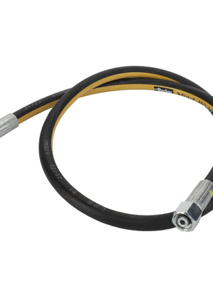 The AGCO | HYDRAULIC HOSE - D45130078, a black and yellow flexible hose with metal connectors on both ends, is artfully coiled in a graceful loop.