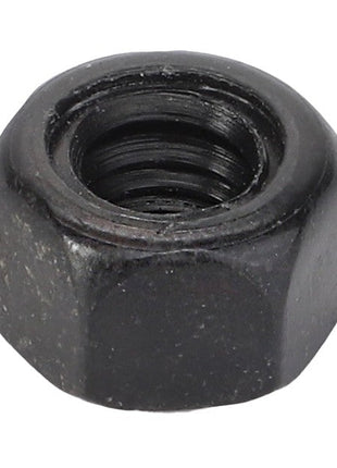 Close-up of an AGCO Hex Top Lock Nut - Acw8111810, featuring a black finish and threaded center hole, displayed against a plain white background.