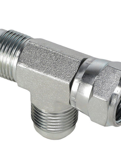 The AGCO TEE FITTING (AG561359) is a metal T-shaped pipe fitting with threaded connectors on all three ends, featuring a Male JIC connector.