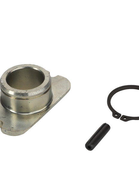 A cylindrical metal component with a flange, an O-ring, and a small black rod, all vital linkage components branded as AGCO Clevis Bolt Bush for Trailer Hitch (F416500070130), are carefully arranged on a white background.