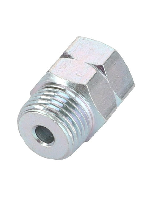 The AGCO ADAPTER - D43009600 is a hexagonal stainless steel metal fitting with threaded ends, designed for connecting pipes or hoses. It features a centrally located hole for efficient fluid flow.