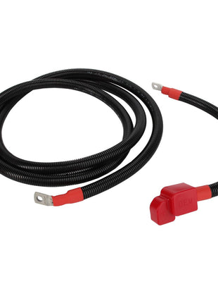 The product features two black, coiled electrical cables with red insulation on the ends. One cable includes a red plastic cover on two of its connectors. The current product description is not available for AGCO | Cable - Acp0336220 by AGCO.