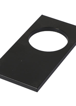 The AGCO | PLATE - E70133 by AGCO is a sleek black rectangular metal plate featuring a circular cutout in the center, seamlessly blending functionality and design.