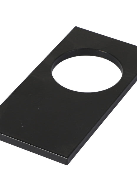 The AGCO | PLATE - E70133 by AGCO is a sleek black rectangular metal plate featuring a circular cutout in the center, seamlessly blending functionality and design.