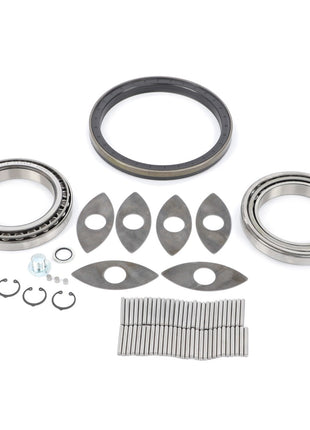 An assortment of metal mechanical components, such as bearings, washers, clips, and small cylindrical pins from the AGCO Bearing Kit - Acp0316250 by AGCO, displayed on a white background. No current product description available for this product.