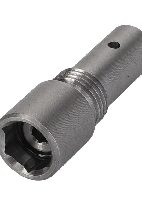 Close-up of the AGCO Pressure Relief Valve - Acx2522170, a cylindrical, metallic component featuring a grooved middle section and a hexagonal socket end, designed for integration in hydraulic circuits.