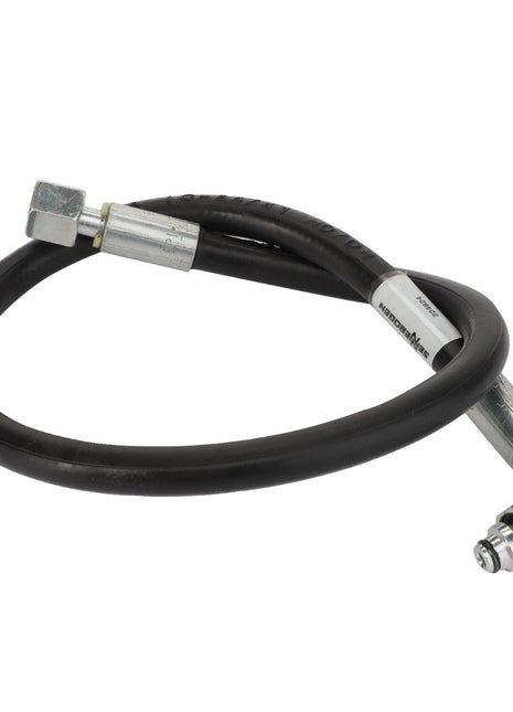 A durable black hydraulic hose with metallic connectors on both ends, coiled neatly in a loop. Product Name: AGCO | WARNING DECAL - ACP0536440, Brand Name: AGCO.