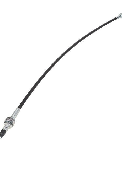 An isolated image of the AGCO Control Cable - Va208660, featuring a black throttle cable with metal fittings on both ends, commonly used in motorcycles, small engines, and Massey Ferguson models for throttle control.