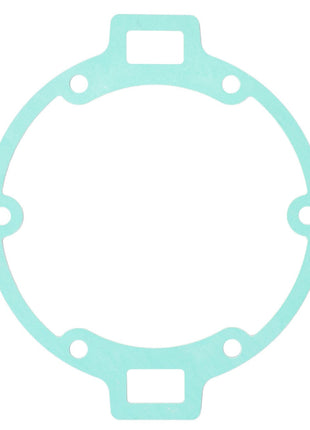 The AGCO Seal, Transmission Housing Filter - F180100050040 is a thin, light blue, circular gasket featuring four equally spaced holes and rectangular tabs extending from the top and bottom to ensure genuine seals for optimal performance.