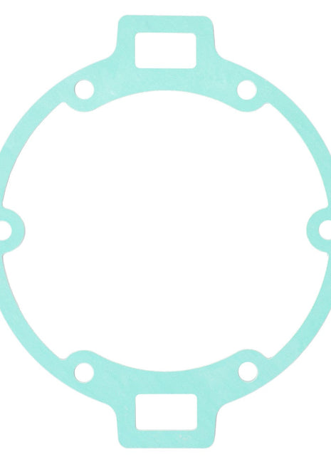 The AGCO Seal, Transmission Housing Filter - F180100050040 is a thin, light blue, circular gasket featuring four equally spaced holes and rectangular tabs extending from the top and bottom to ensure genuine seals for optimal performance.