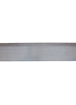 The AGCO Air Cooler - Acw0485820 is a rectangular metal heat exchanger that features two black cylindrical connectors at its ends and multiple horizontal fins, designed for both cooling and heating applications. Currently, there is no detailed product description information available.