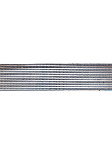 The AGCO Air Cooler - Acw0485820 is a rectangular metal heat exchanger that features two black cylindrical connectors at its ends and multiple horizontal fins, designed for both cooling and heating applications. Currently, there is no detailed product description information available.