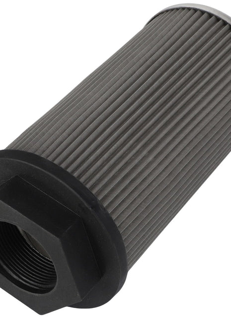 The AGCO SCREEN - ACW7052810 is a cylindrical metallic filter with pleated sides and black plastic end caps, featuring a hexagonal fitting on one end. No additional information available about its current product description.