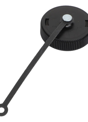 The AGCO | SEALING CAP - AG520318 by AGCO features a sleek black rotary dial, complemented by a long, slender arm at its center with a circular hole at the end of the arm.