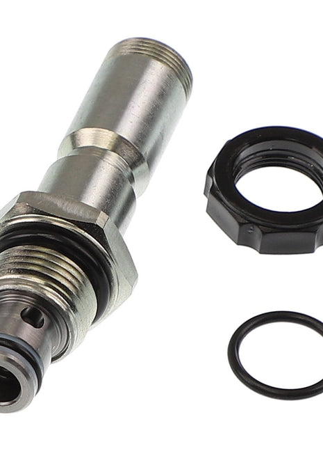 A metal hydraulic valve with threaded ends, an attached hex nut, a black O-ring, and a separate black plastic cap placed on a white background. Product: AGCO | Valve - Acp0437450 by AGCO. No current product description available.