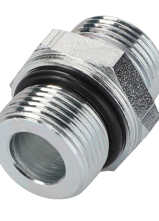 The AGCO | Connector Fitting - Acw4998340 is a metallic pipe coupling connector featuring threaded ends and a black rubber O-ring in the middle.