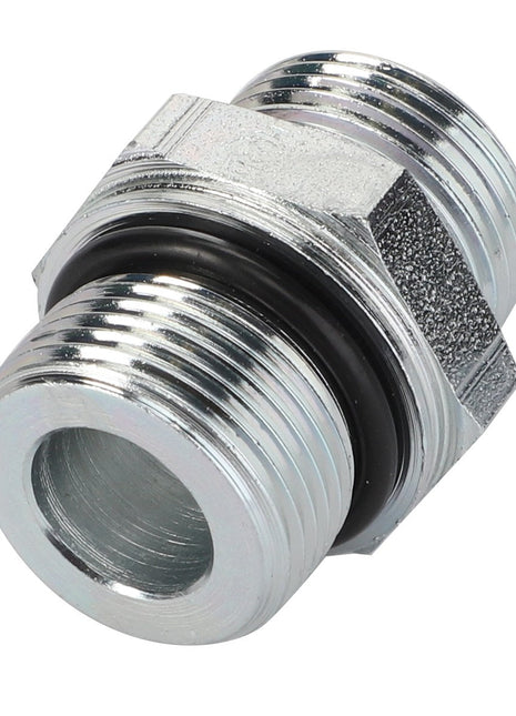 The AGCO | Connector Fitting - Acw4998340 is a metallic pipe coupling connector featuring threaded ends and a black rubber O-ring in the middle.