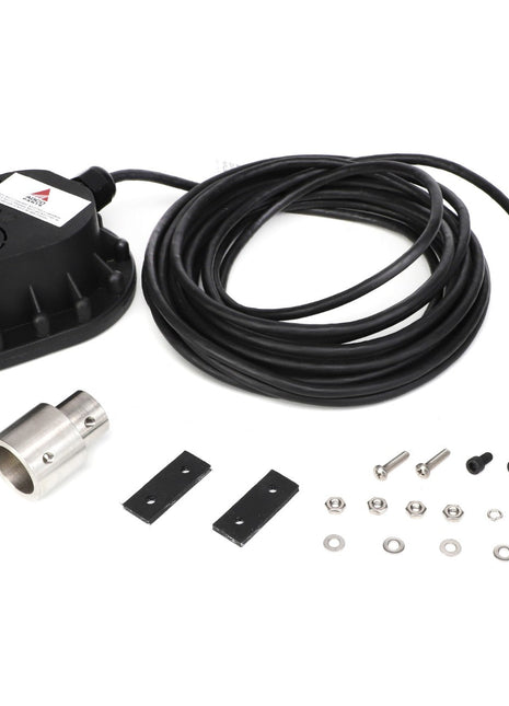 The AGCO SENSOR - AG426253 kit includes a black wired sensor, a metallic cylindrical housing, two black mounting brackets, various screws, washers, and a connector cable. Further product description information is currently unavailable.